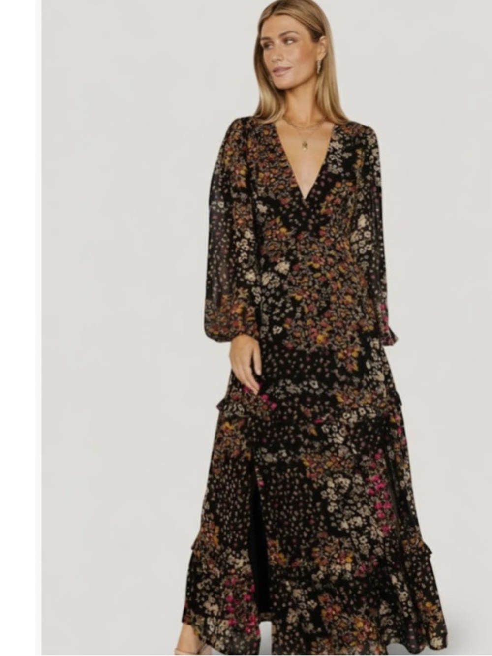 Baltic Born Black Floral Long-Sleeve Tiered Maxi Dress